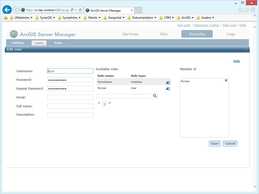 Creating an account "user" as member of role "MyUser" in ArcGIS Server Manager Creating an account "user" as member of role "MyUser" in ArcGIS Server Manager