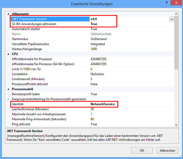 Parameters regarding 32-bit application and identity in IIS Parameters regarding 32-bit application and identity in IIS
