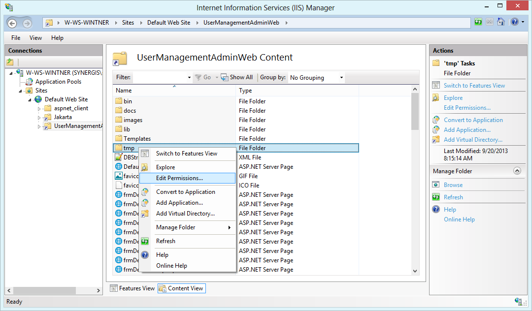 Open properties page for tmp directory Open properties page for tmp directory