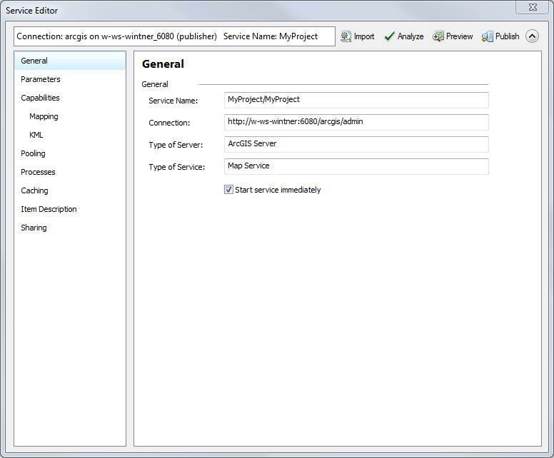 Settings in the service editor Settings in the service editor