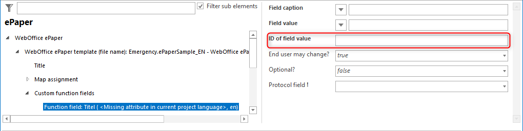 Specifying the ID of field value of a function field (here: function field Title) Specifying the ID of field value of a function field (here: function field Title)