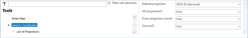 Search/reproject coordinates tool configuration