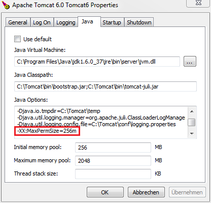 Tomcat memory setting - MaxPermSize