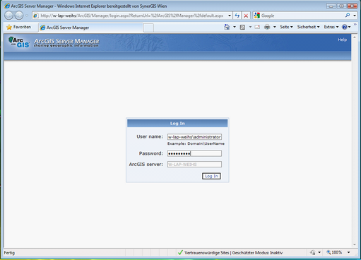 ArcGIS Server Manager login screen ArcGIS Server Manager login screen