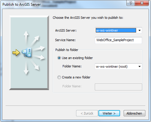 Publish wizard - choosing the ArcGIS Server node Publish wizard - choosing the ArcGIS Server node