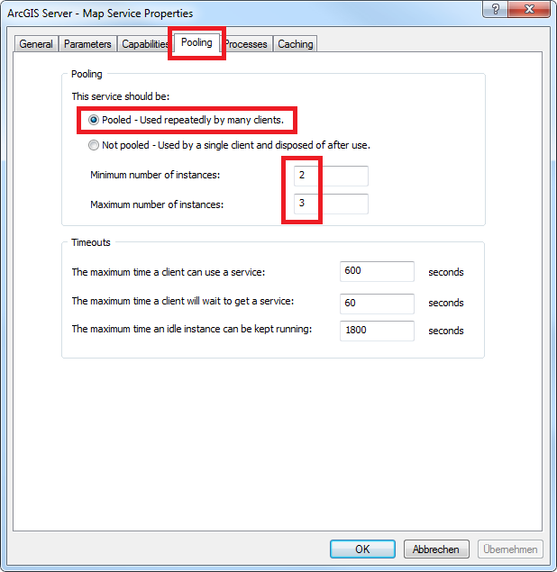 ArcGIS Server Map Service Pooling tab