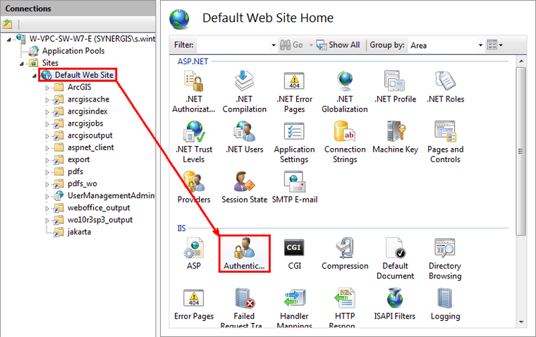 Open Authentication of Default Web Site in IIS Manager