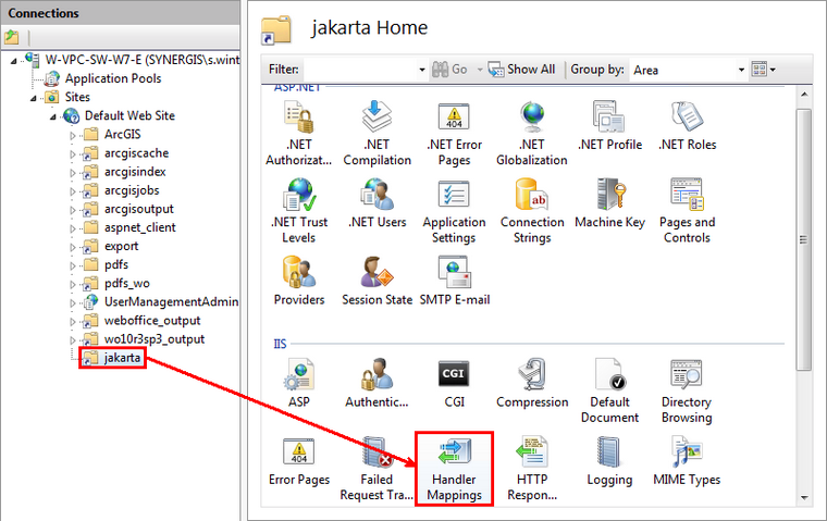 Open Handler Mappings of jakarta virtual directory in IIS Manager