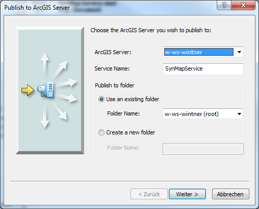 Publish wizard - choosing the ArcGIS Server node Publish wizard - choosing the ArcGIS Server node