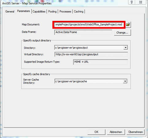 Map Service Properties - Parameters tab