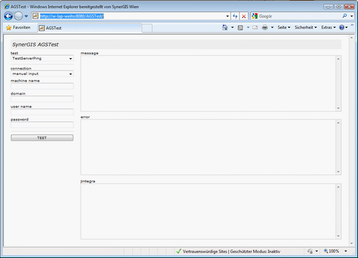 Start page of SynerGIS AGSTest Utility