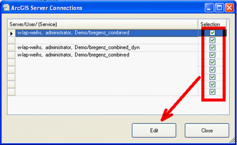 Selecting ArcGIS Server Connections  to be changed