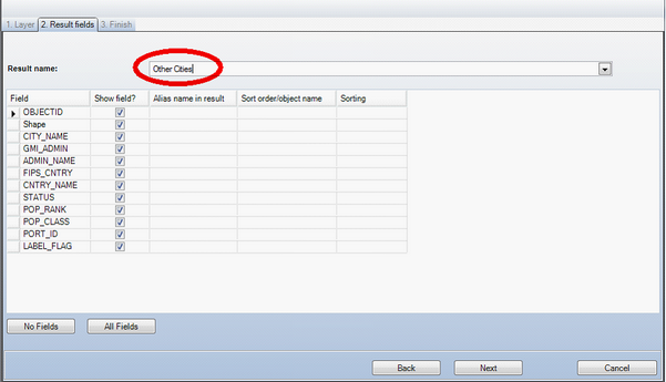 Specifying Result fields for the Layer that was selected in Step 1