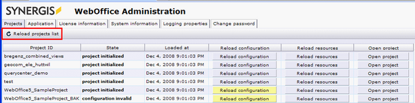 Reload projects list in WebOffice 10 R3 administration pages