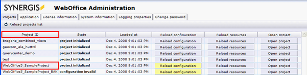 Project ID column in WebOffice 10 R3 administration pages