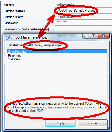 Import layer references dialog – ‘Service name’ property and ‘Data frame’ information in import dialog must match