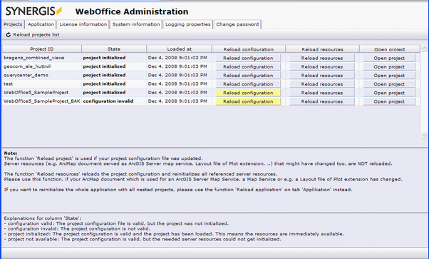 Projects tab of WebOffice 10 R3 administration pages