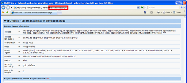 testextapplication.jsp displaying HTTP header information and passed parameters