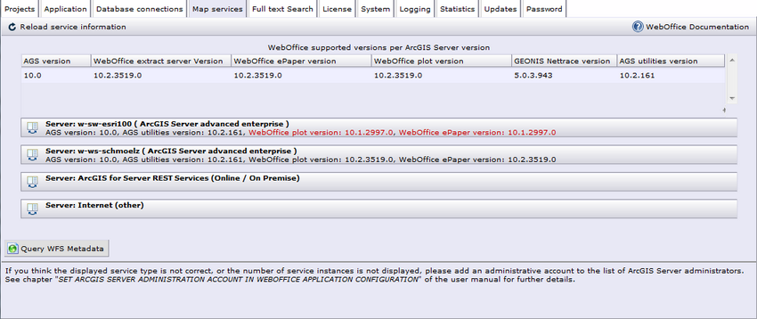 WebOffice 10 R3 administration pages - map services tab