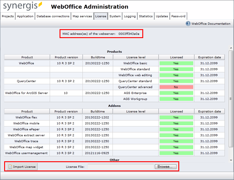 License information tab of WebOffice 10 R3 administration pages – MAC address and license import
