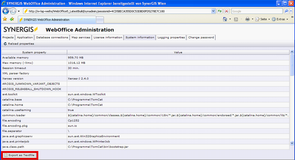 System information tab of WebOffice 10 R3 administration pages