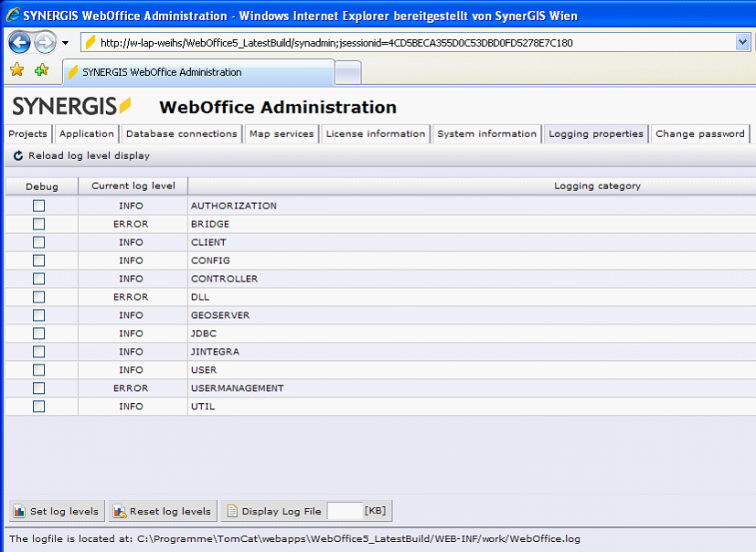 Logging properties tab of WebOffice 10 R3 administration pages Logging properties tab of WebOffice 10 R3 administration pages