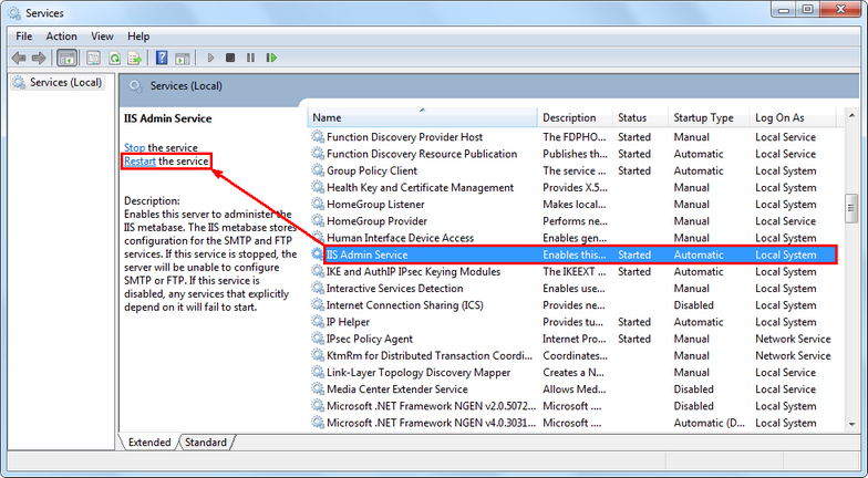 Restart IIS Admin and dependent services