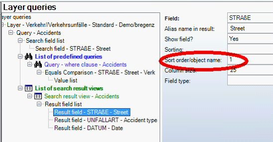 Sort order/object name attribute of Result field configuration