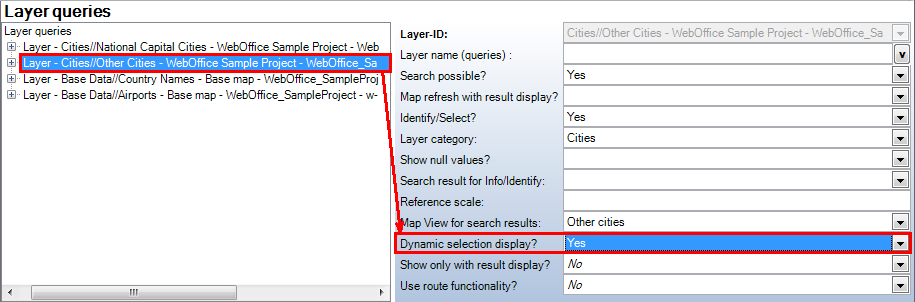 Layer specific configuration attribute for activating dynamic selection display