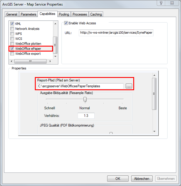 ArcGIS Server Service capabilities with activated WebOffice ePaper extension in ArcCatalog