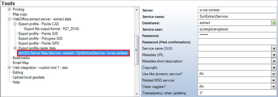 Map service specifically configured for tool WebOffice extract server