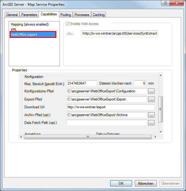 ArcGIS Server Service capabilities with activated WebOffice extract server extension in ArcCatalog