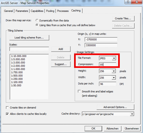 Image settings in AGS map service properties