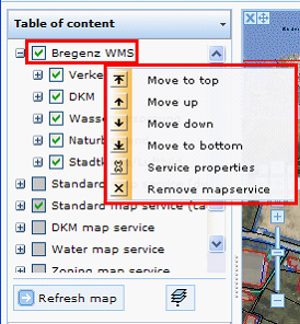 WMS Service named 'Bregenz WMS' added to the Table of content – context menu