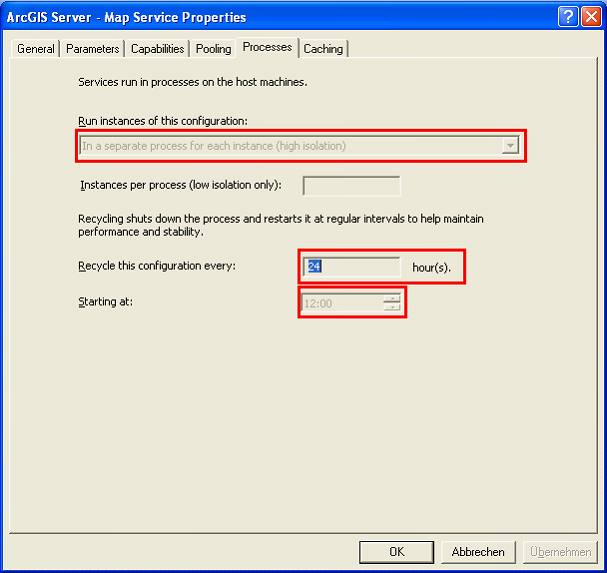 Processes tab rider in Map Service Properties dialog