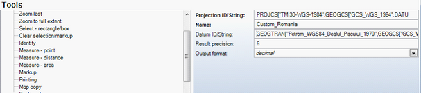 Search/reproject coordinates tool configuration for custom projection and transformation