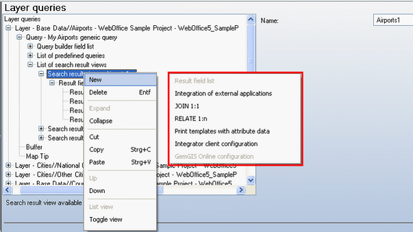 Search result view – available configuration elements