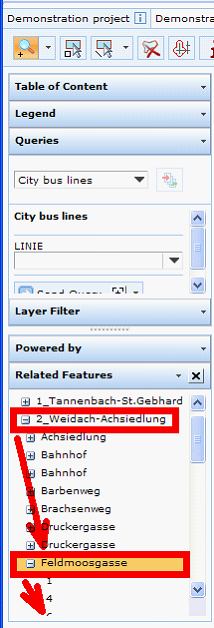 Related Features window in WebOffice 10 R3 client for navigating through a data model