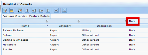 Search result with filter row ('Italy') - WebOffice 10 R3 client