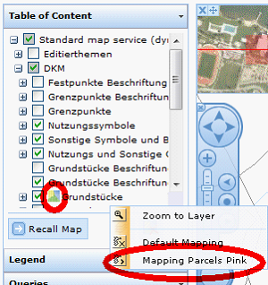 Thematic mapping icon displayed on Layer level in Table of Content, Drop down menu for choosing the layer style