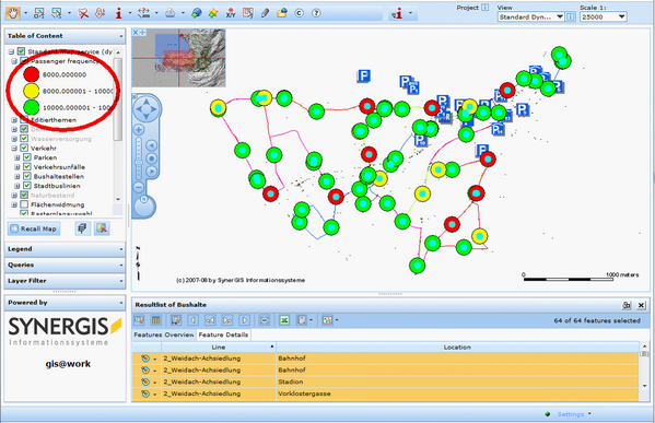 Map with selected bus stops displaying dynamic thematic mapping analysis