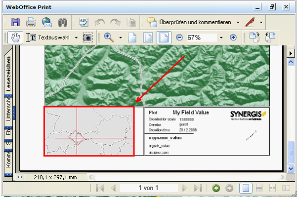 Overview map in WebOffice 10 R3 print output - rotated print extent is displayed