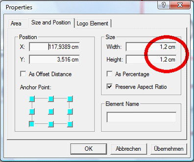 Recommended size of logo image function field 1.2cm by 1.2cm