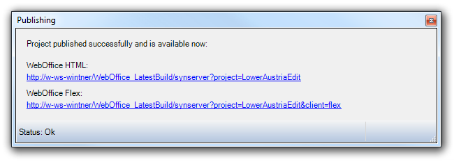 Project publish status and WebOffice 10 R3 project URL