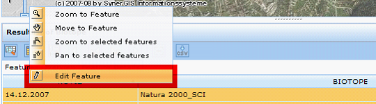 Edit feature context menu for immediately editing an object from the search result display
