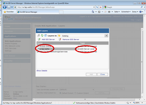 Adding a map service of type ArcGIS Server Local