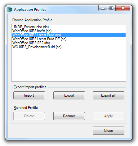 Application profiles dialog in WebOffice author