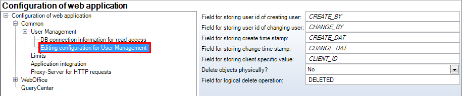 Editing configuration for User Management in the Application Configuration