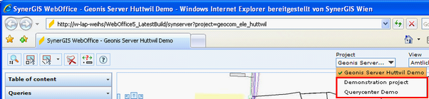 User able to switch to bregenz_combined_views (Demonstration project) or querycenter_demo (QueryCenter Demo) project from geocom_ele_huttwil (GEONIS Server Huttwil Demo) project
