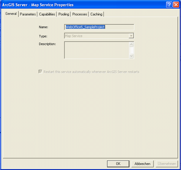  ArcGIS Server Map Service properties wiith its 6 tab riders